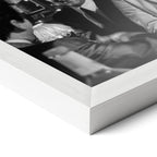 Corner close-up revealing the clean wood grain of the white framed Goodfellas Funny How black and white art print.