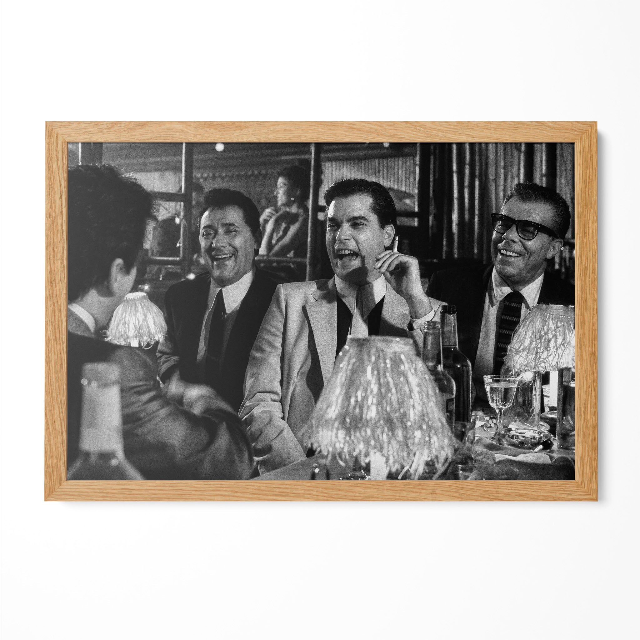 Goodfellas Bamboo Lounge scene black and white movie poster in a premium natural oak wood frame by POSTEREVER.