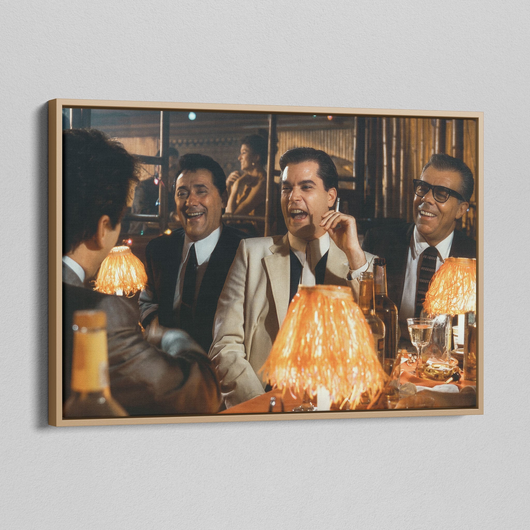 Angled view of the color canvas in a modern natural oak wood floating frame.