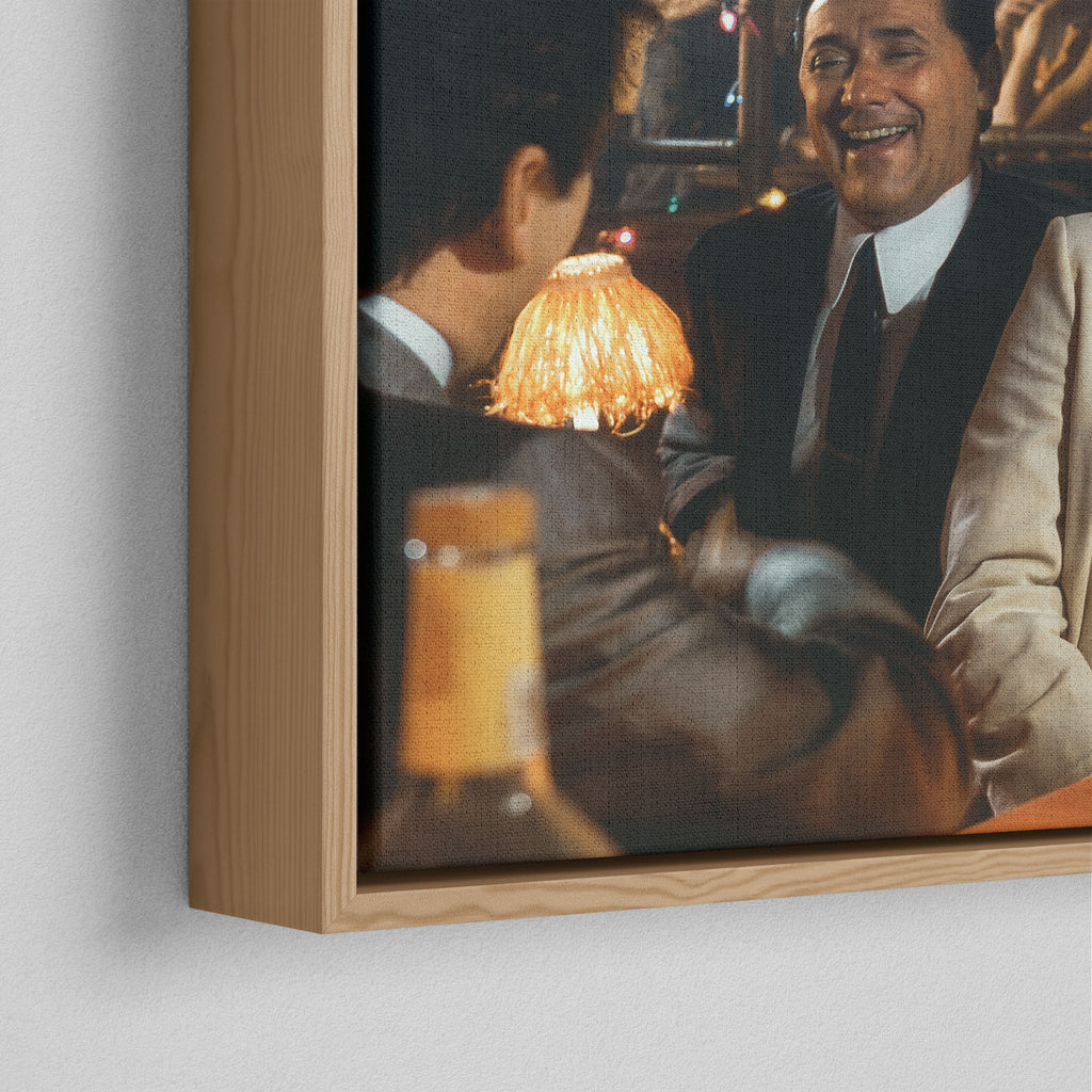 Corner close-up of the floating gap and grain texture of the natural wood canvas frame.