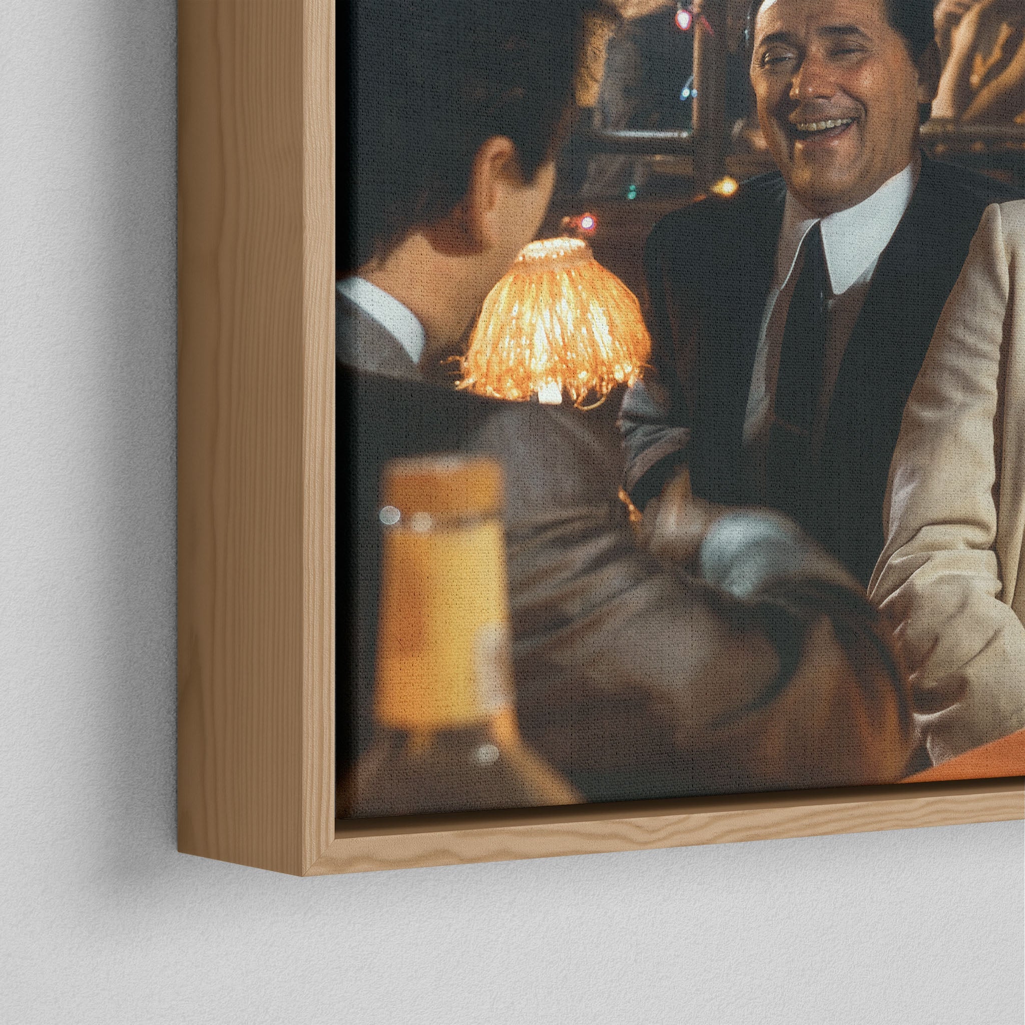 Corner close-up of the floating gap and grain texture of the natural wood canvas frame.