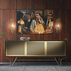 Sleek aluminum color metal print of Goodfellas displayed over a mid-century modern credenza.
