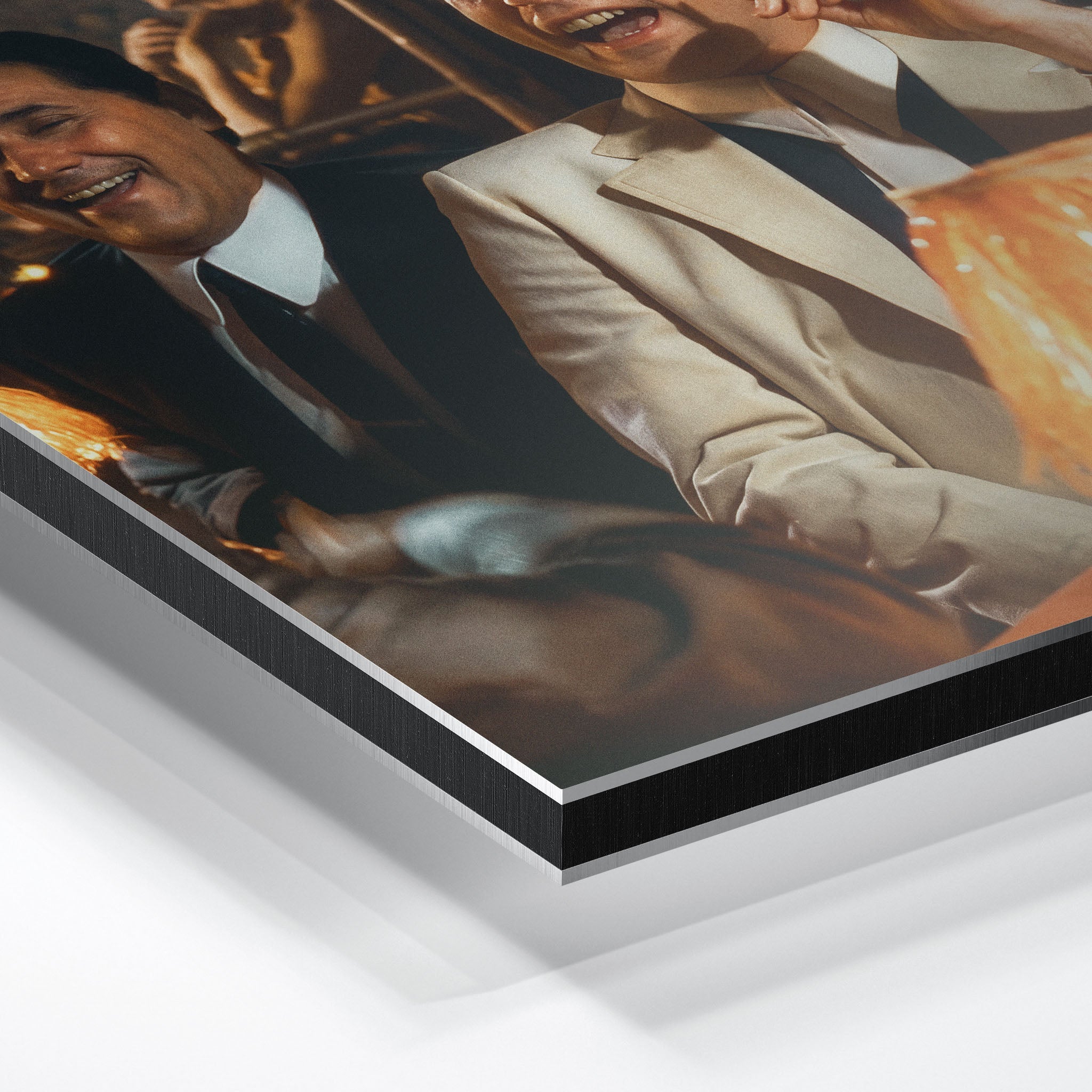 Macro close-up of the ultra-thin aluminum DIBOND panel edge of the Goodfellas color metal print.