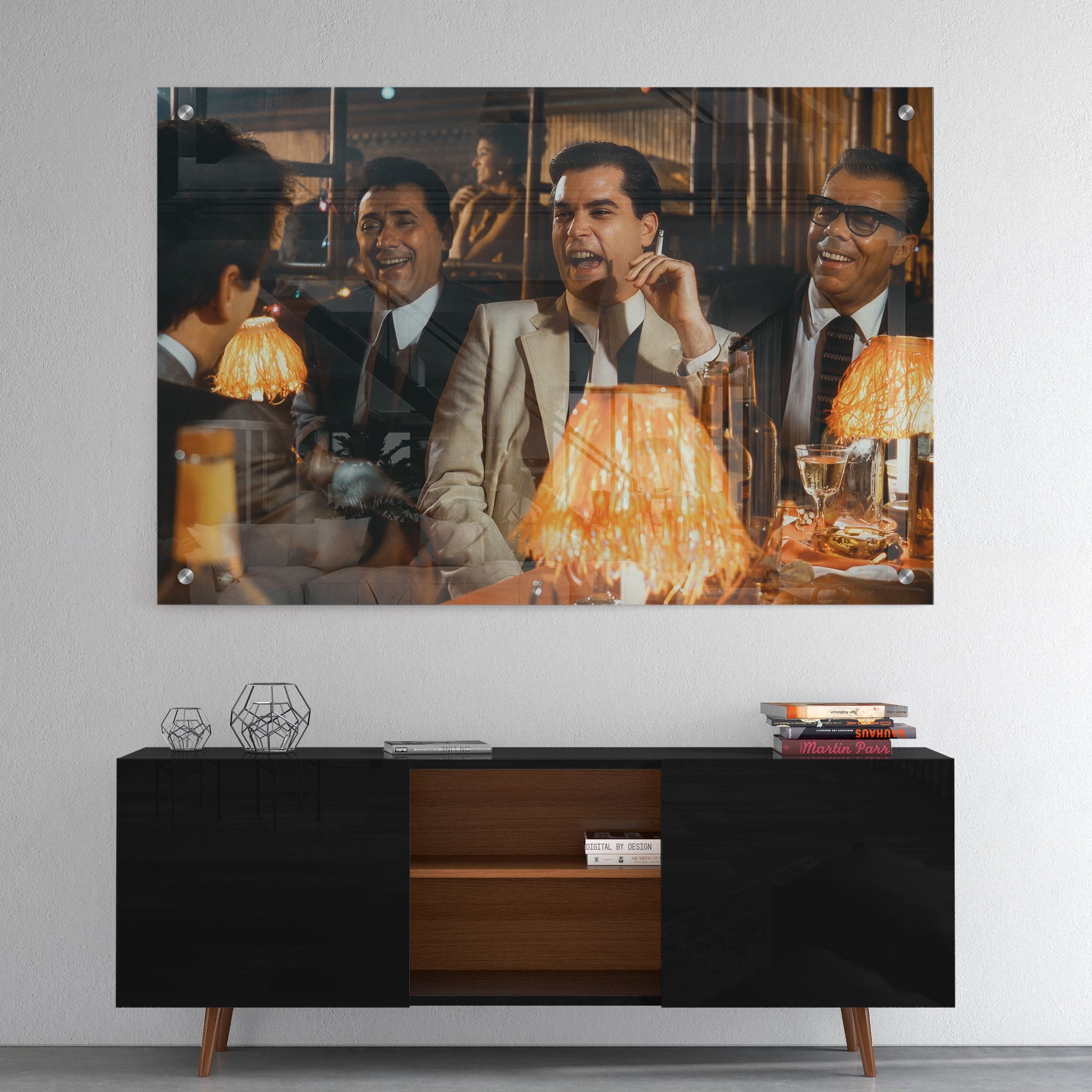 High-gloss acrylic glass color print of Goodfellas displayed above a contemporary console.