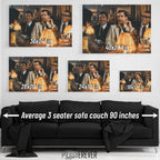 Goodfellas 1990 Bamboo Lounge wall art size comparison chart shown above an average 90-inch three-seater sofa.