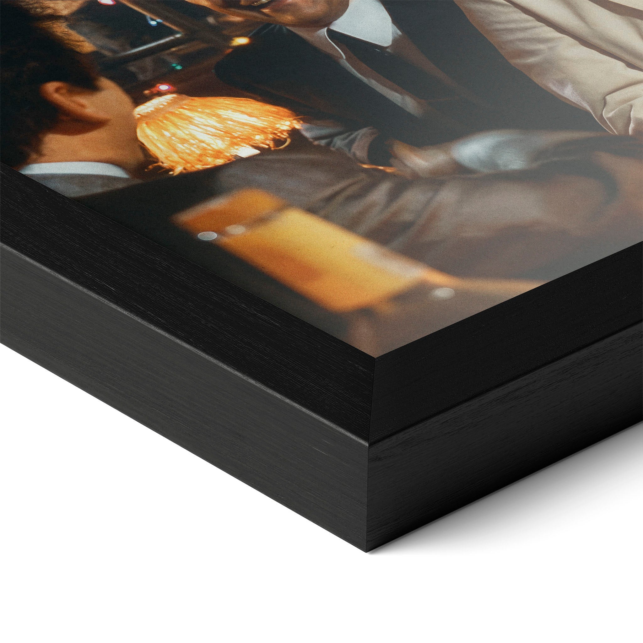 Detailed corner close-up of the premium black wooden frame holding the Goodfellas Funny How movie poster.