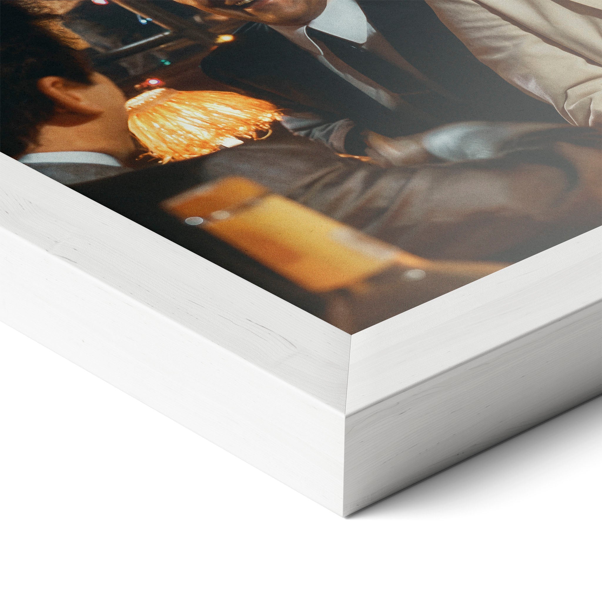 Corner close-up revealing the clean wood grain of the white framed Goodfellas Funny How movie art print.