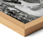 Close-up of the natural oak frame on the Jimi Hendrix black and white poster