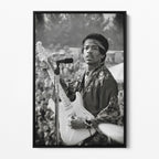 Front display of the Jimi Hendrix black and white canvas in a black floating frame