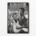 Front display of the Jimi Hendrix black and white canvas in a dark walnut floating frame