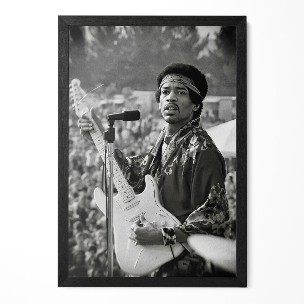 Jimi Hendrix 1969 Newport Pop Festival black and white portrait in a classic black poster frame