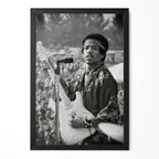 Jimi Hendrix 1969 Newport Pop Festival black and white portrait in a classic black poster frame