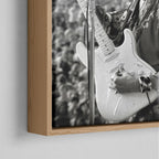 Corner close-up of the natural oak floating frame on the Jimi Hendrix black and white canvas