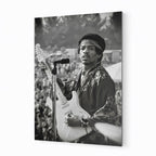 Jimi Hendrix 1969 Newport black and white metal print displayed on a wall