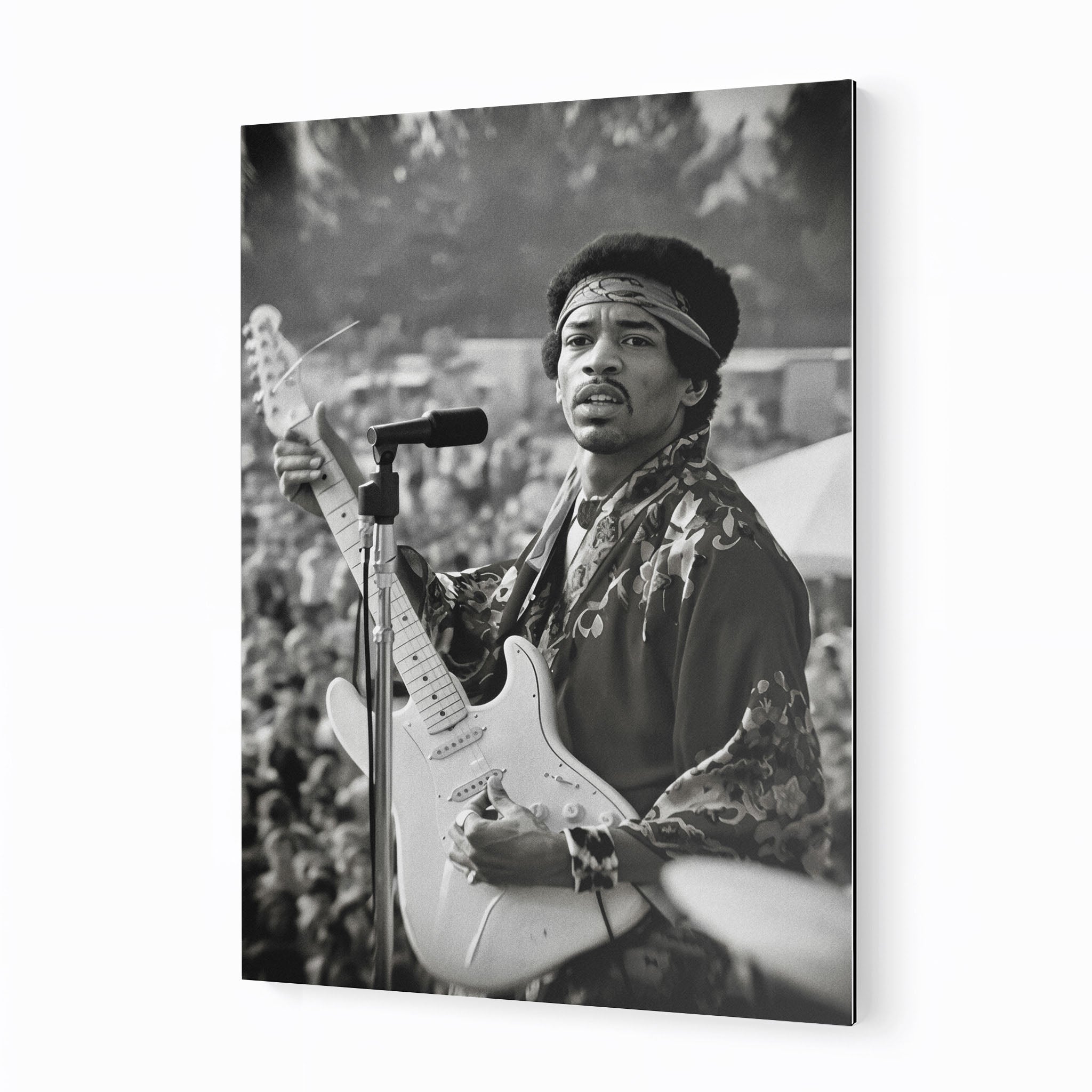 Jimi Hendrix 1969 Newport black and white metal print displayed on a wall