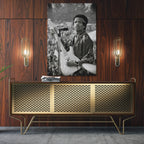 Sleek aluminum black and white metal print of Jimi Hendrix at Newport