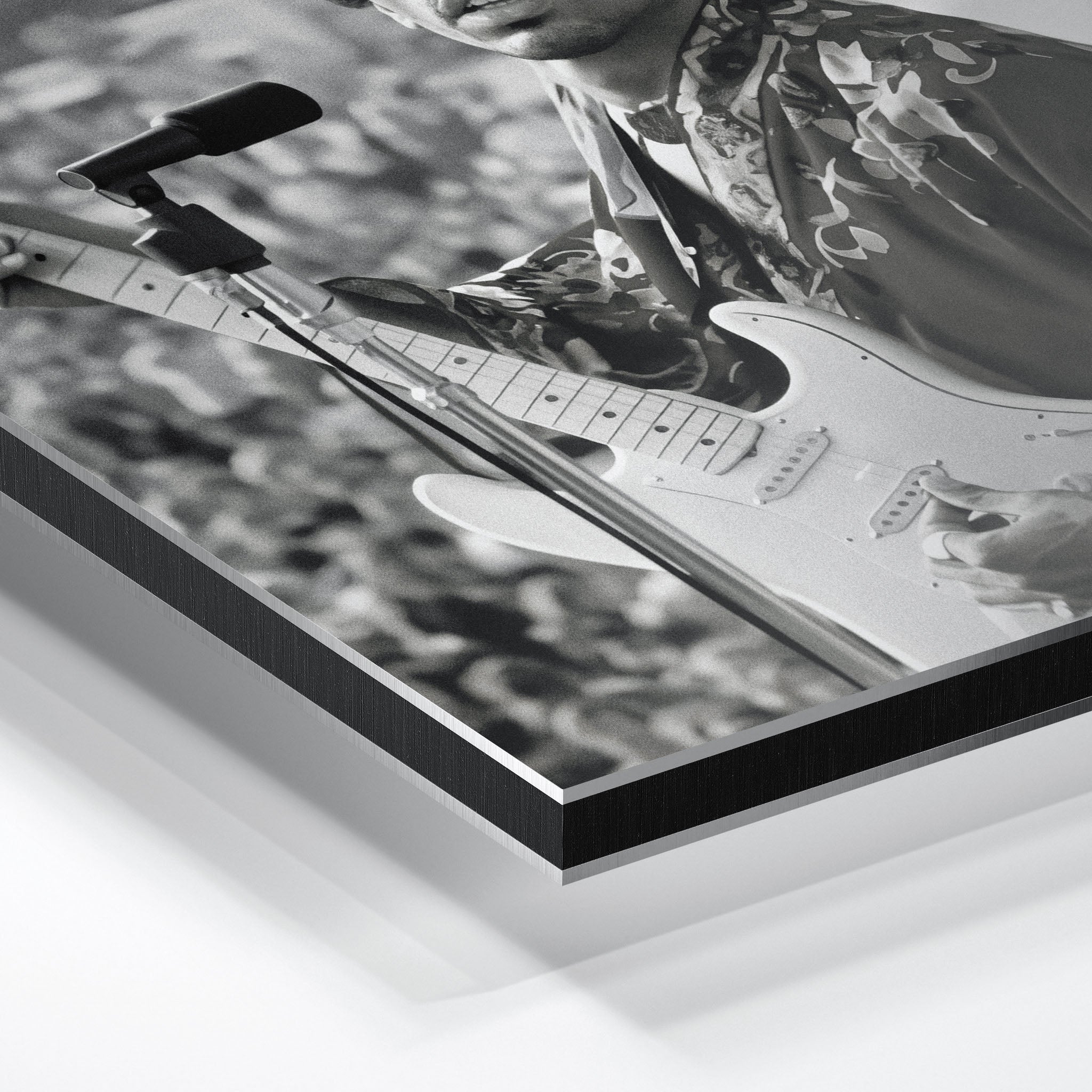 Close-up of the aluminum edge on the Jimi Hendrix black and white metal print