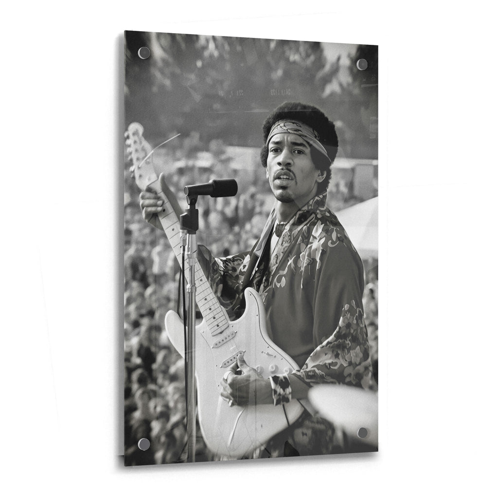 Jimi Hendrix 1969 Newport black and white acrylic glass print with a glossy finish