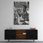 High-gloss acrylic black and white print of Jimi Hendrix displayed on a wall