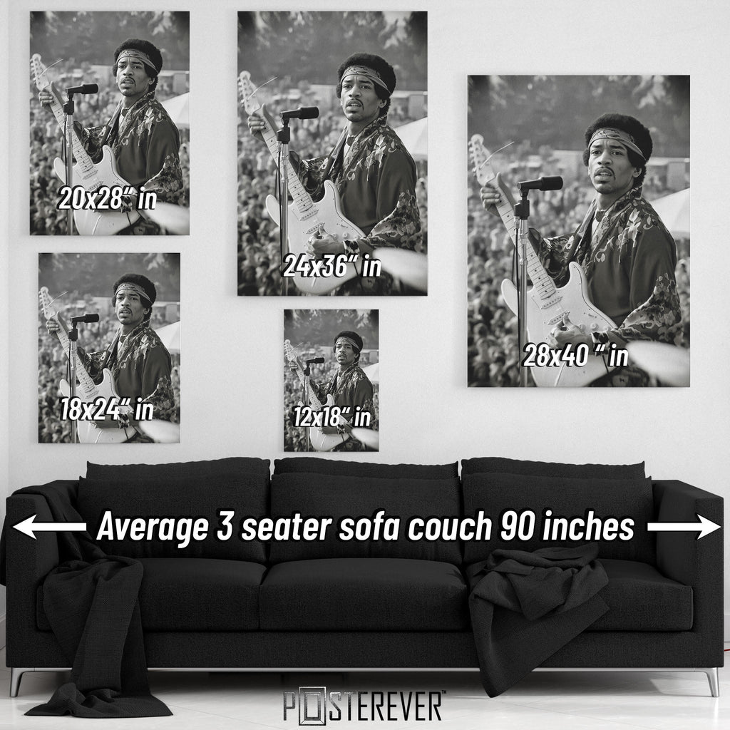 Jimi Hendrix wall art size comparison chart shown above a sofa