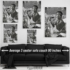Jimi Hendrix wall art size comparison chart shown above a sofa