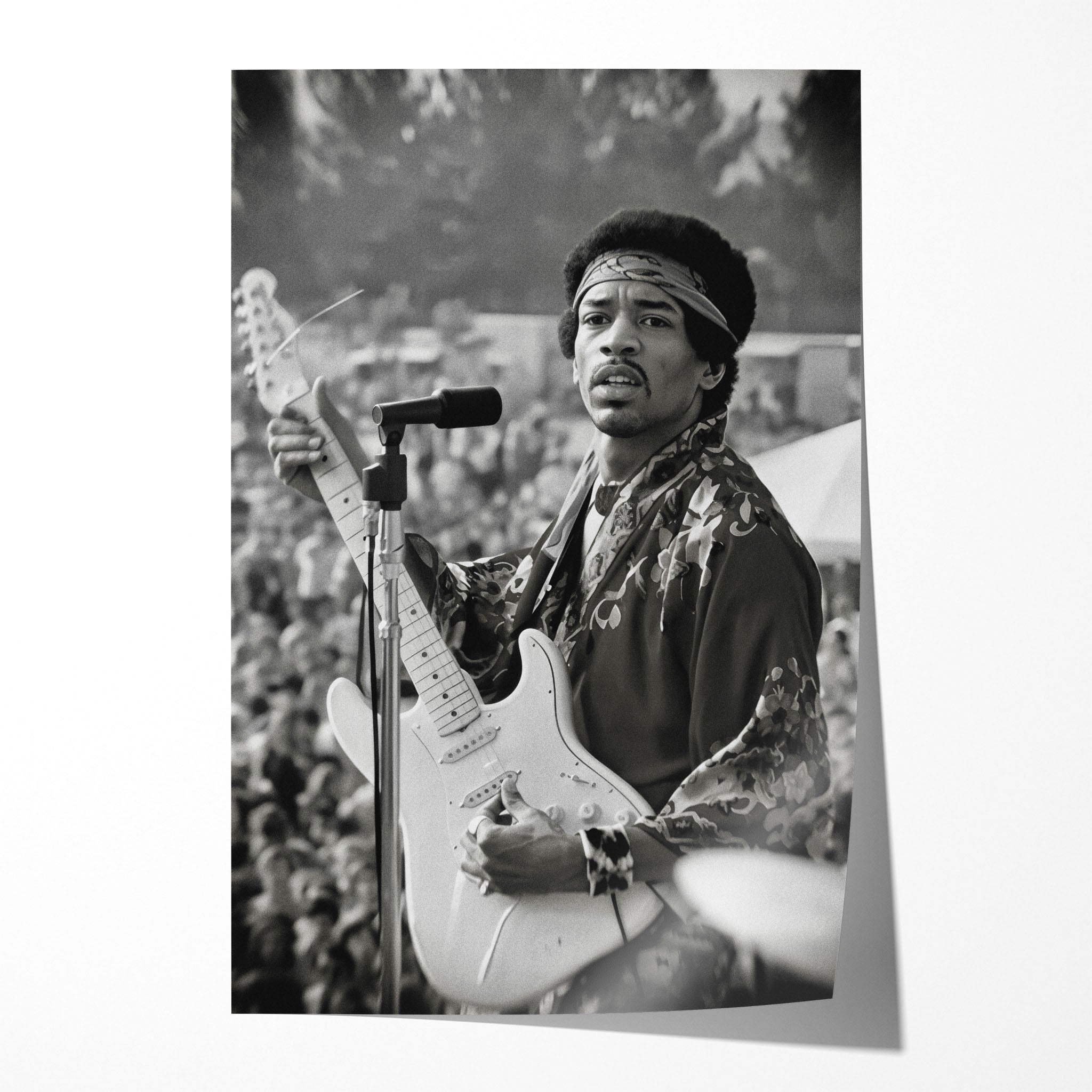 Unframed black and white print of Jimi Hendrix at the 1969 Newport Pop Festival