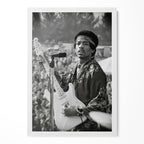 Jimi Hendrix 1969 Newport black and white portrait in a classic white poster frame