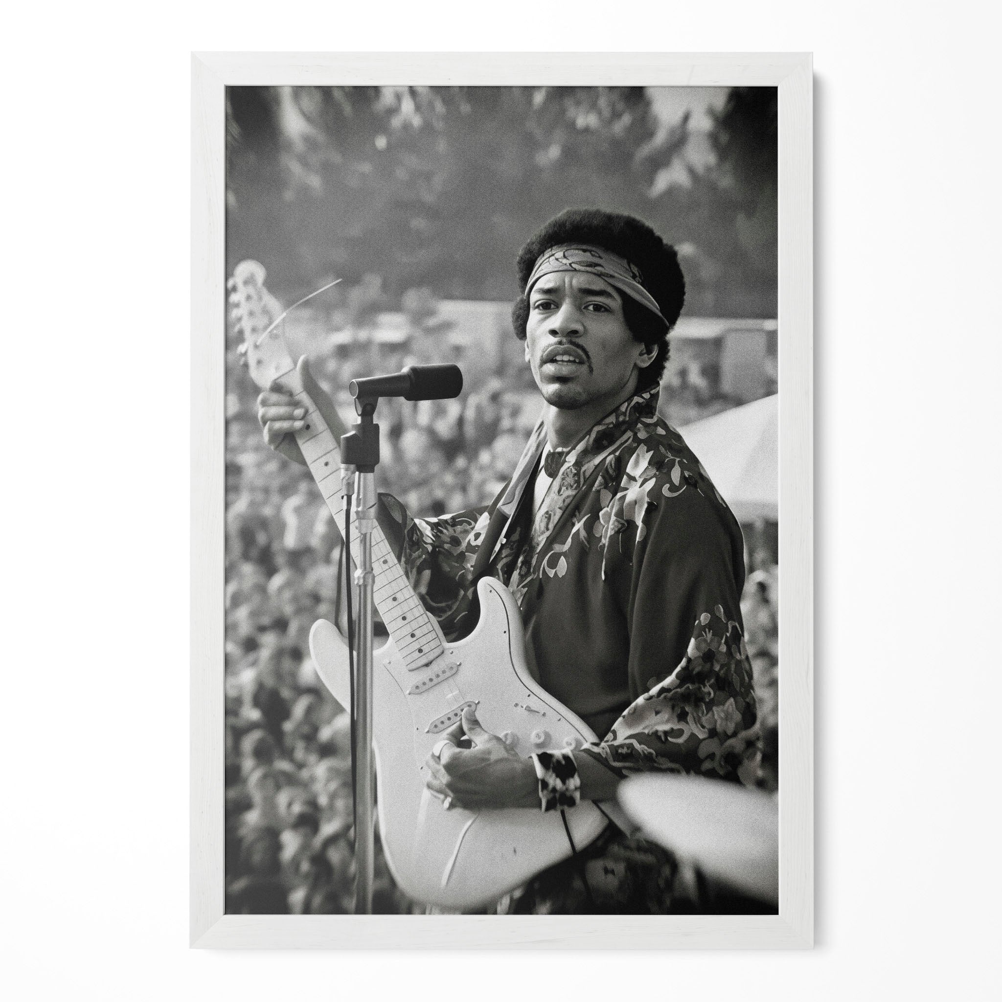 Jimi Hendrix 1969 Newport black and white portrait in a classic white poster frame