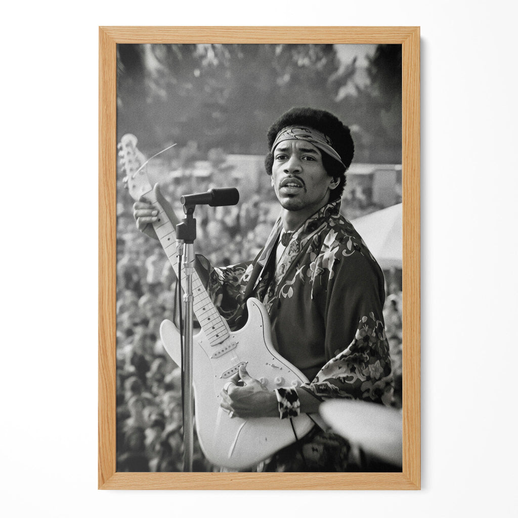 Jimi Hendrix black and white portrait in a natural oak poster frame