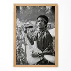 Jimi Hendrix black and white portrait in a natural oak poster frame