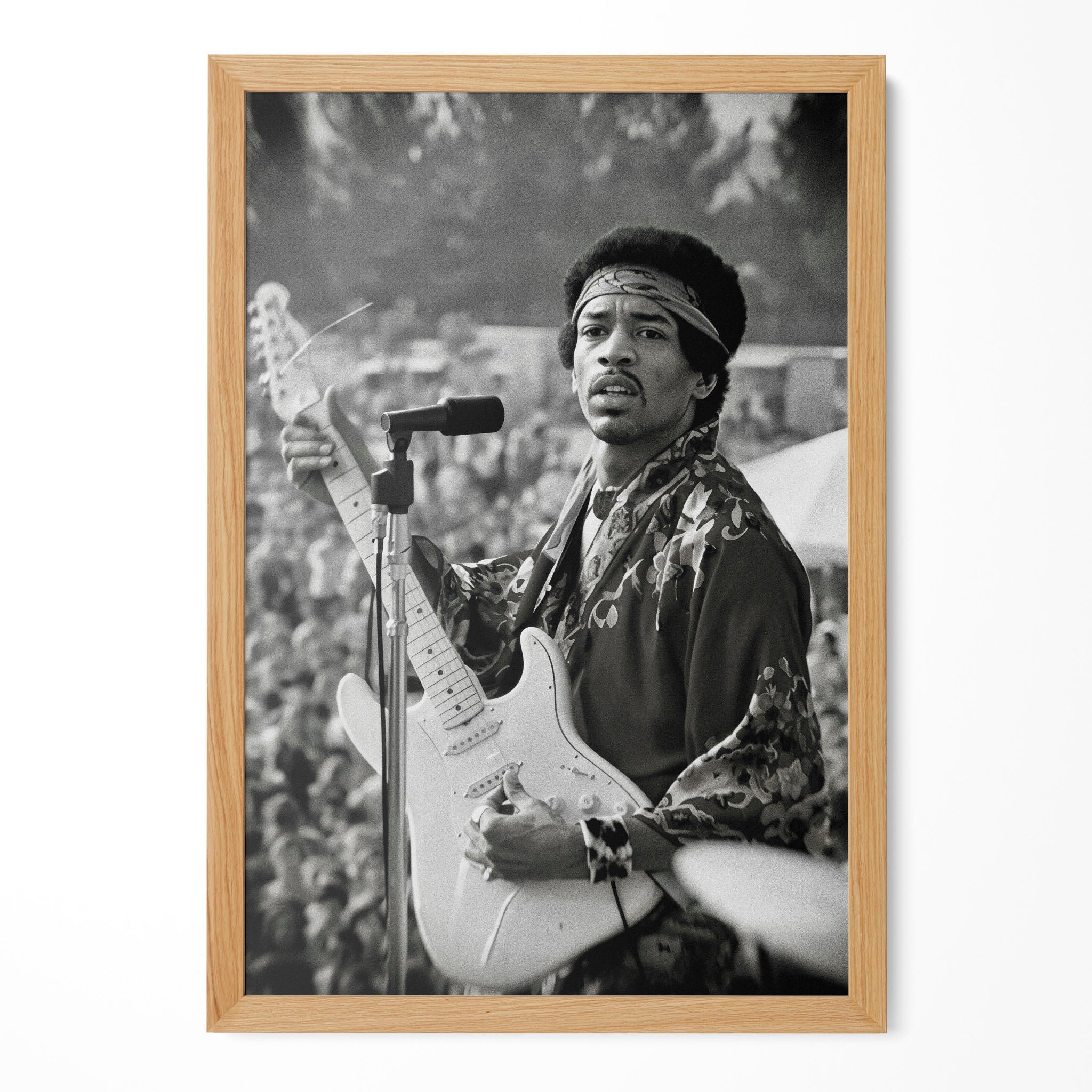 Jimi Hendrix black and white portrait in a natural oak poster frame