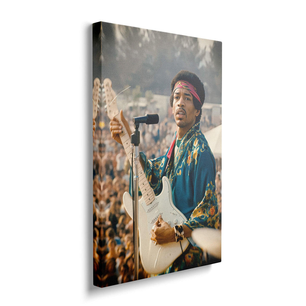 Gallery-wrapped colour canvas of Jimi Hendrix at Newport displayed on a wall