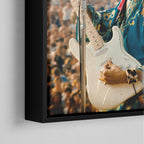 Corner close-up of the black floating frame on the Jimi Hendrix colour canvas