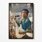 Front display of the Jimi Hendrix colour canvas in a dark walnut floating frame