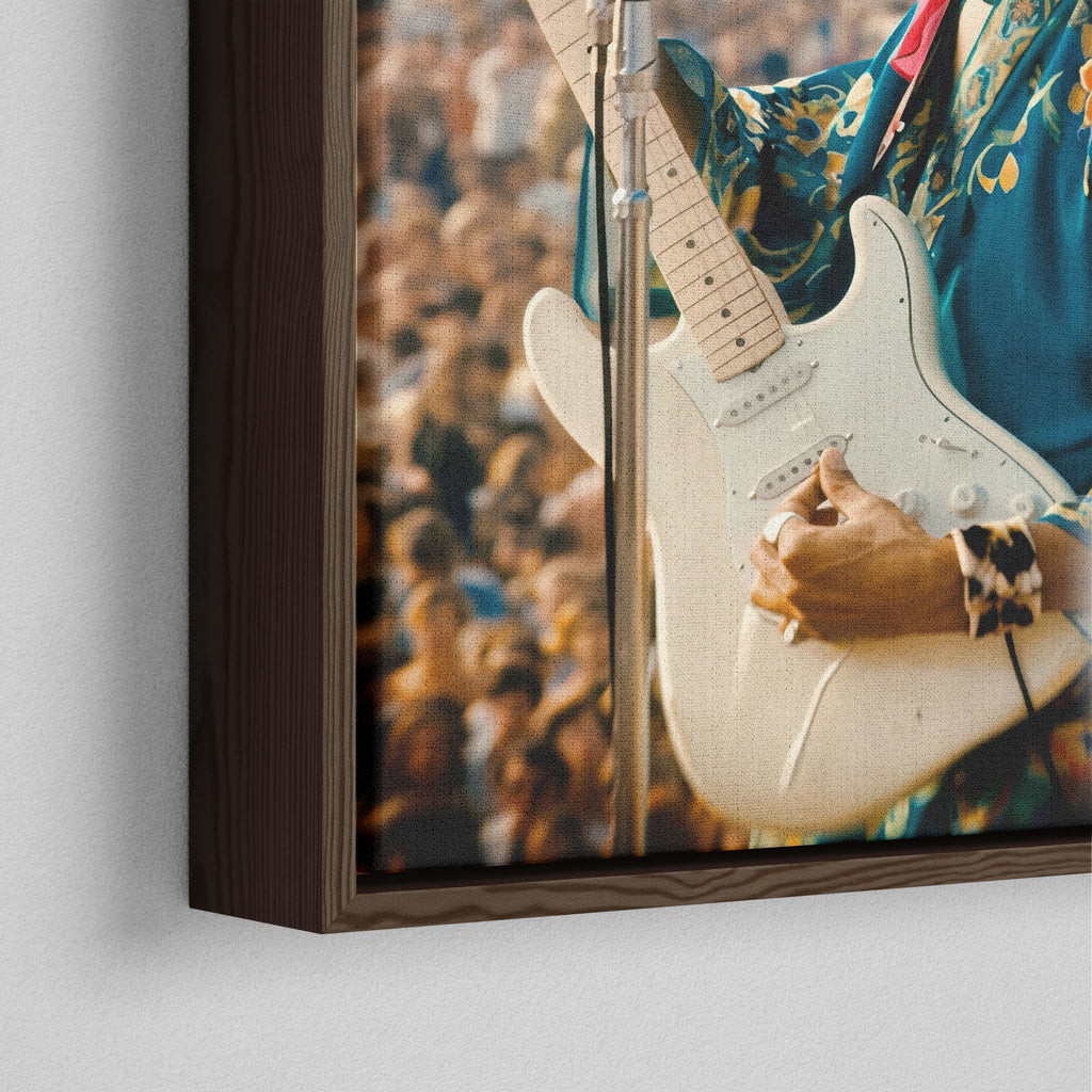 Close-up of the dark walnut floating frame on the Jimi Hendrix colour canvas