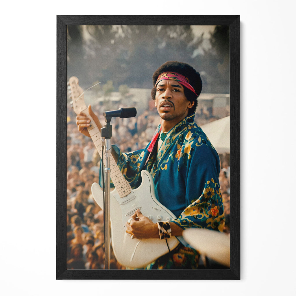 Jimi Hendrix 1969 Newport Pop Festival colour portrait in a classic black poster frame