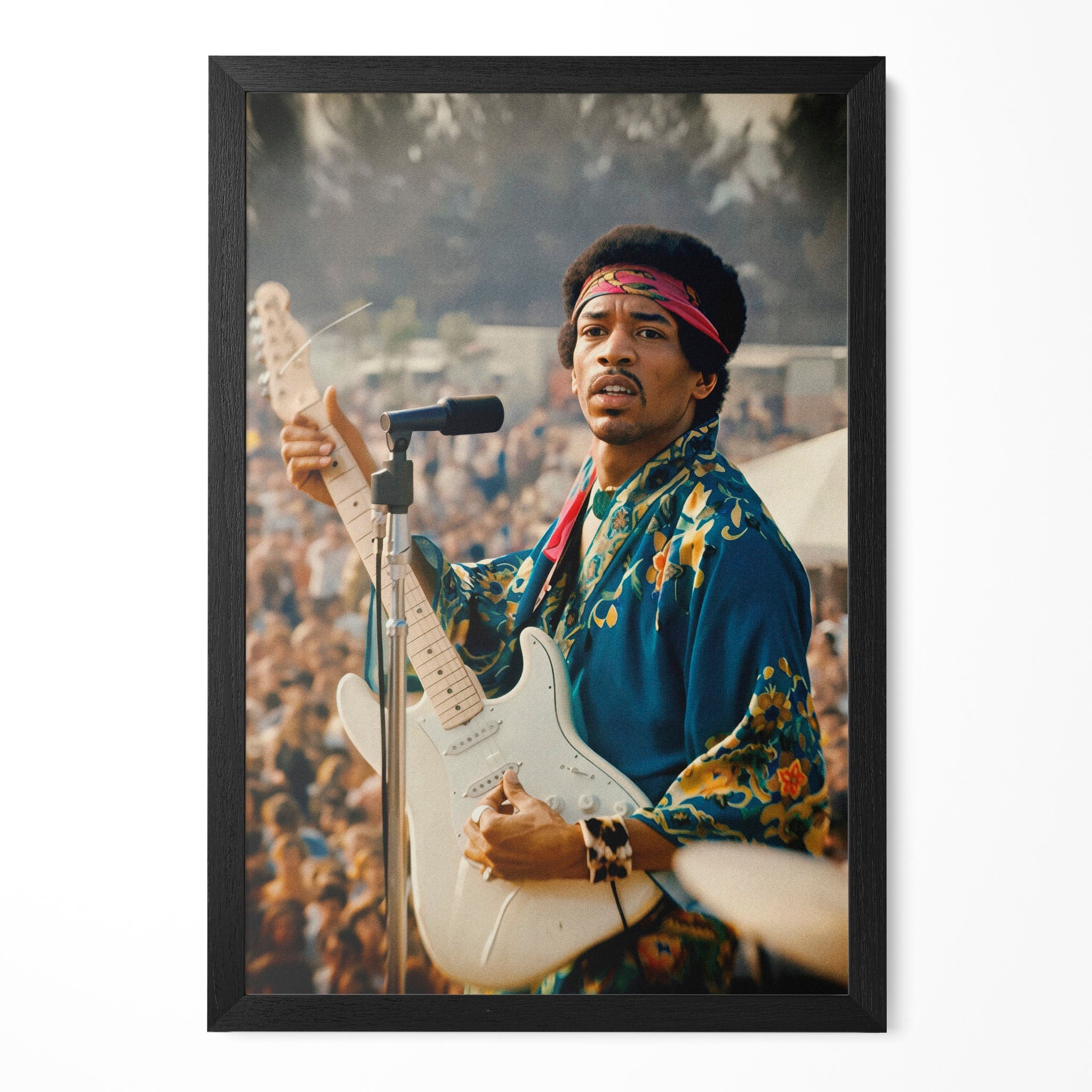 Jimi Hendrix 1969 Newport Pop Festival colour portrait in a classic black poster frame