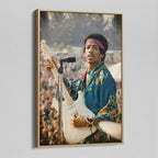 Angled view of the Jimi Hendrix colour canvas in a natural oak floating frame