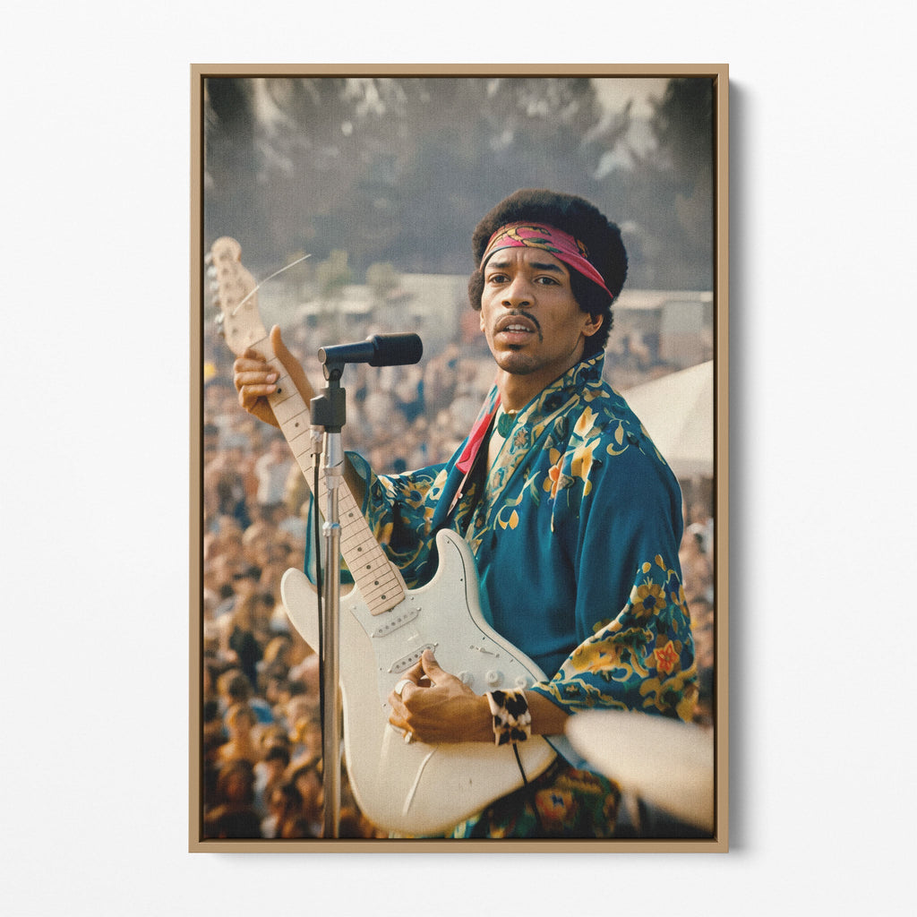 Front display of the Jimi Hendrix colour canvas in a natural oak floating frame