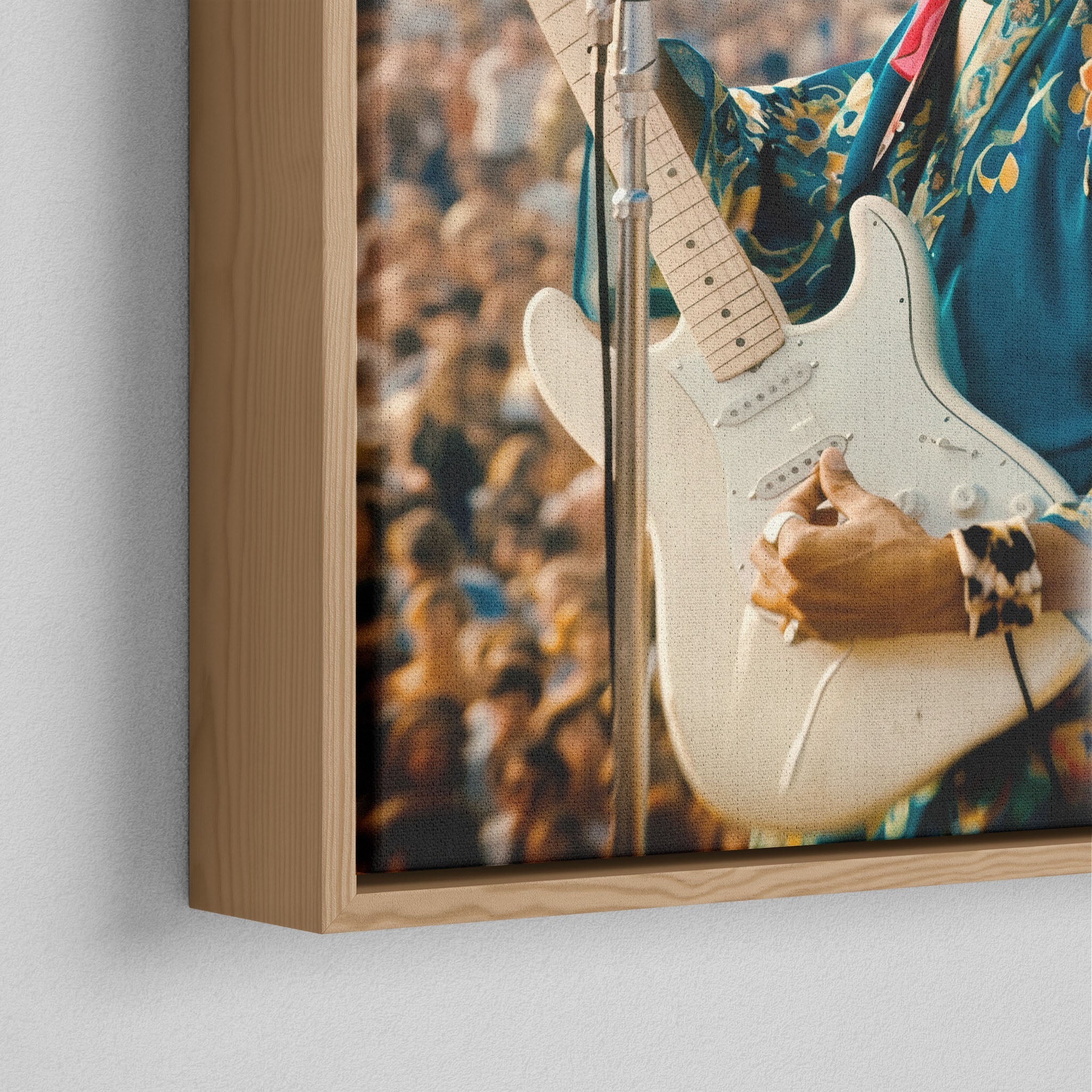 Corner close-up of the natural oak floating frame on the Jimi Hendrix colour canvas