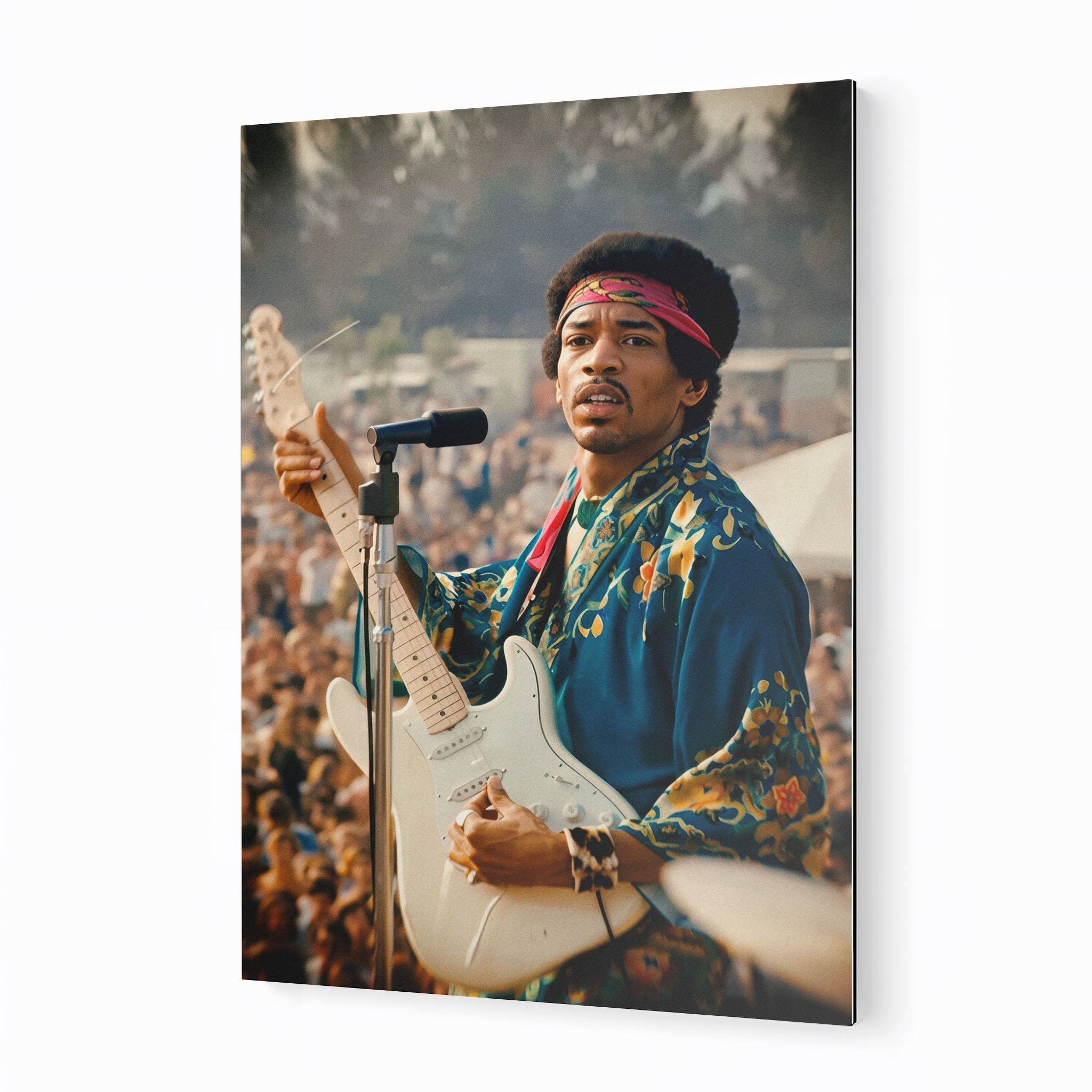 Jimi Hendrix 1969 Newport colour metal print displayed on a wall