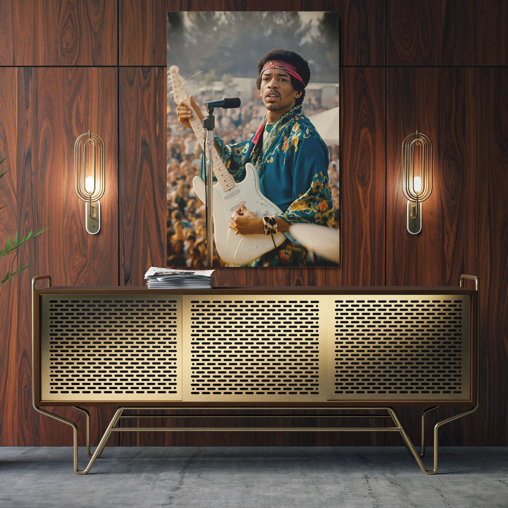 Sleek aluminum colour metal print of Jimi Hendrix at Newport