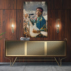Sleek aluminum colour metal print of Jimi Hendrix at Newport