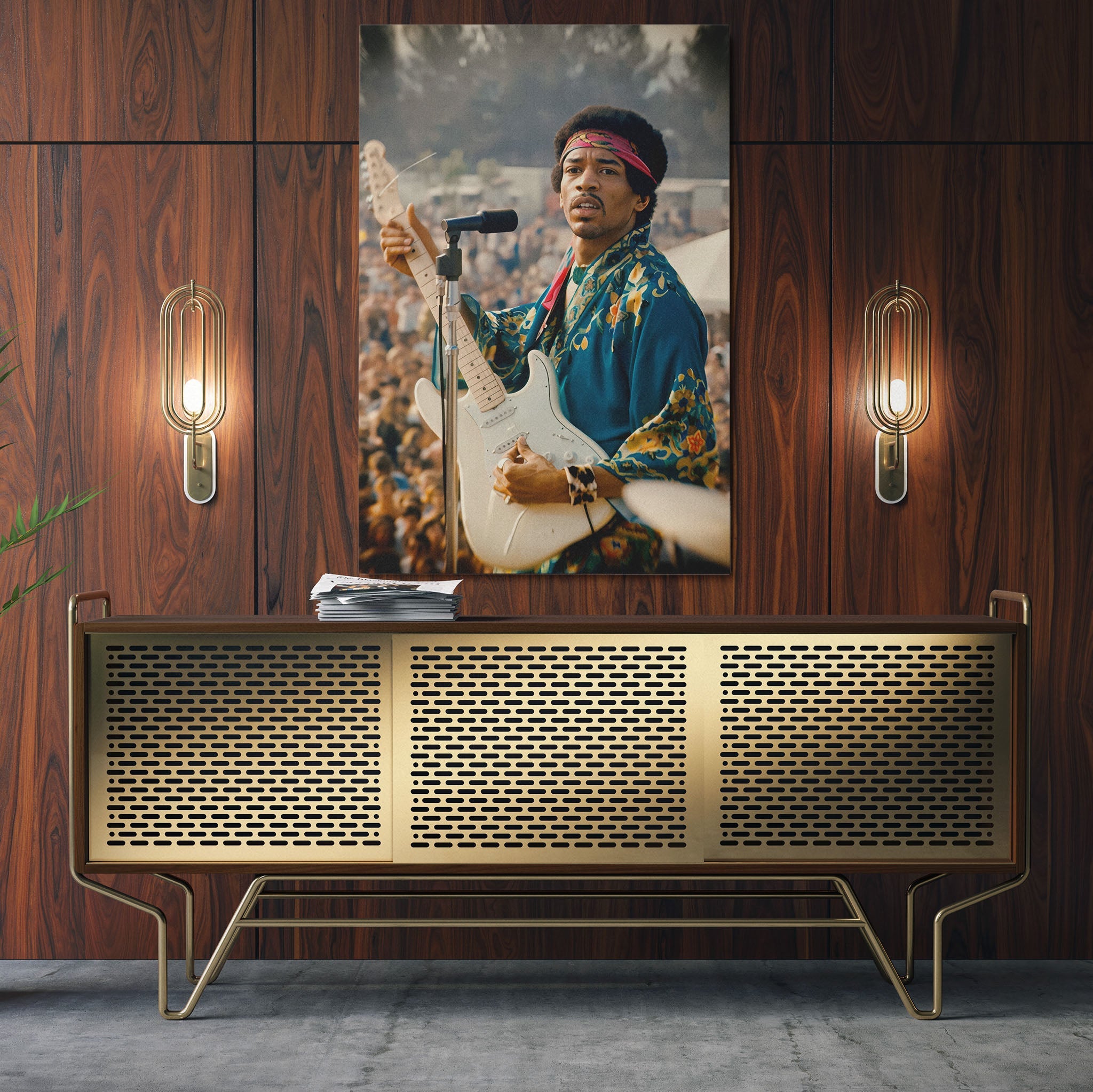 Sleek aluminum colour metal print of Jimi Hendrix at Newport