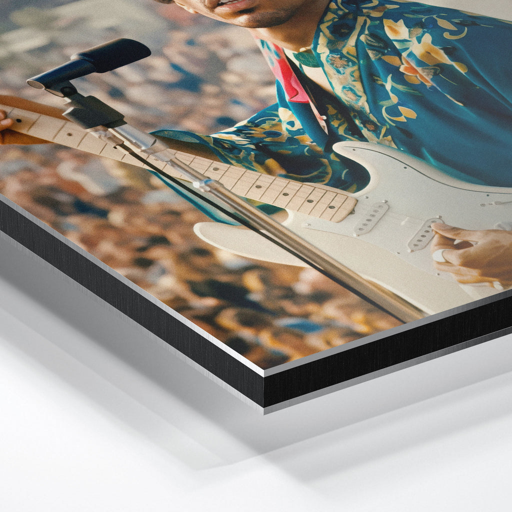 Close-up of the aluminum edge on the Jimi Hendrix colour metal print