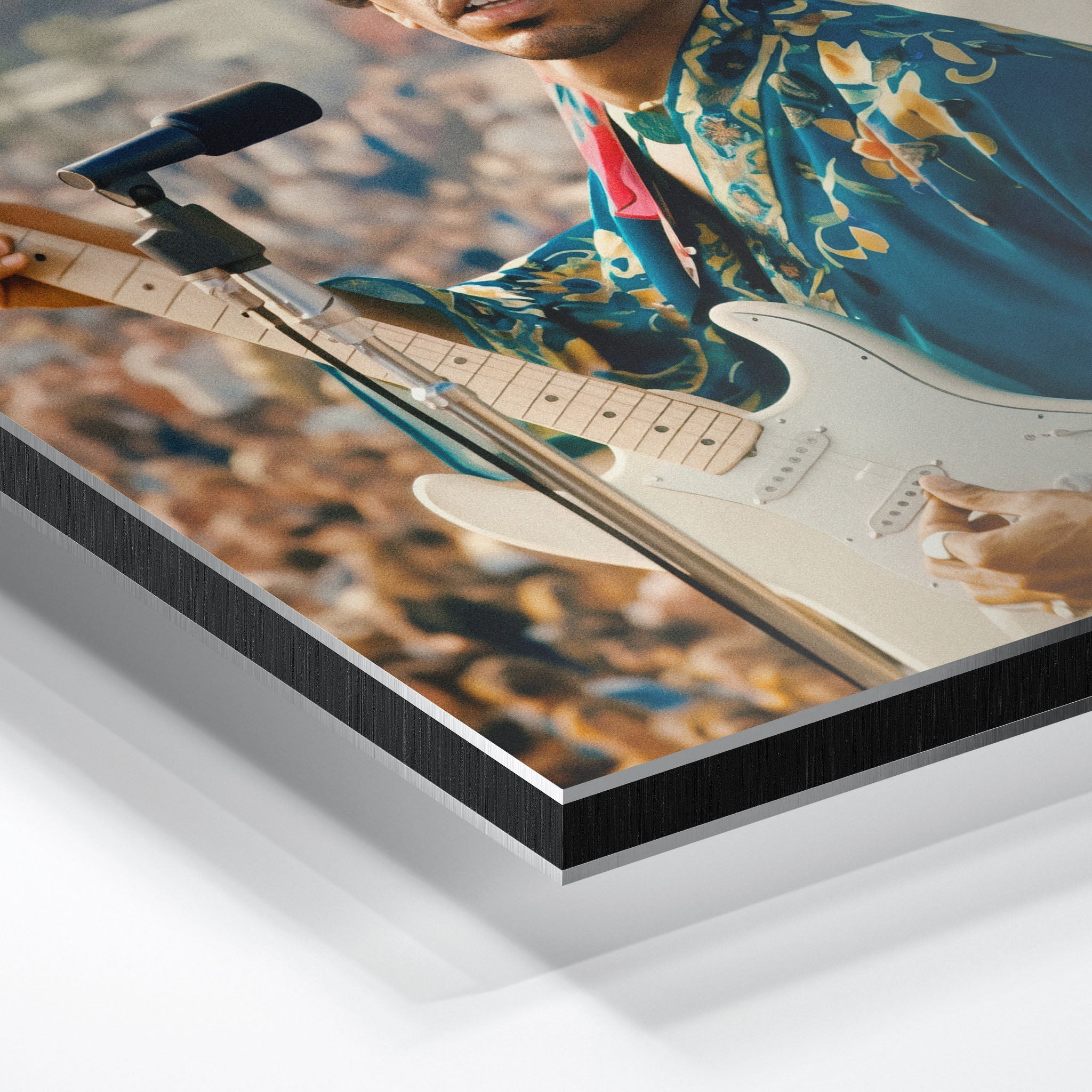 Close-up of the aluminum edge on the Jimi Hendrix colour metal print