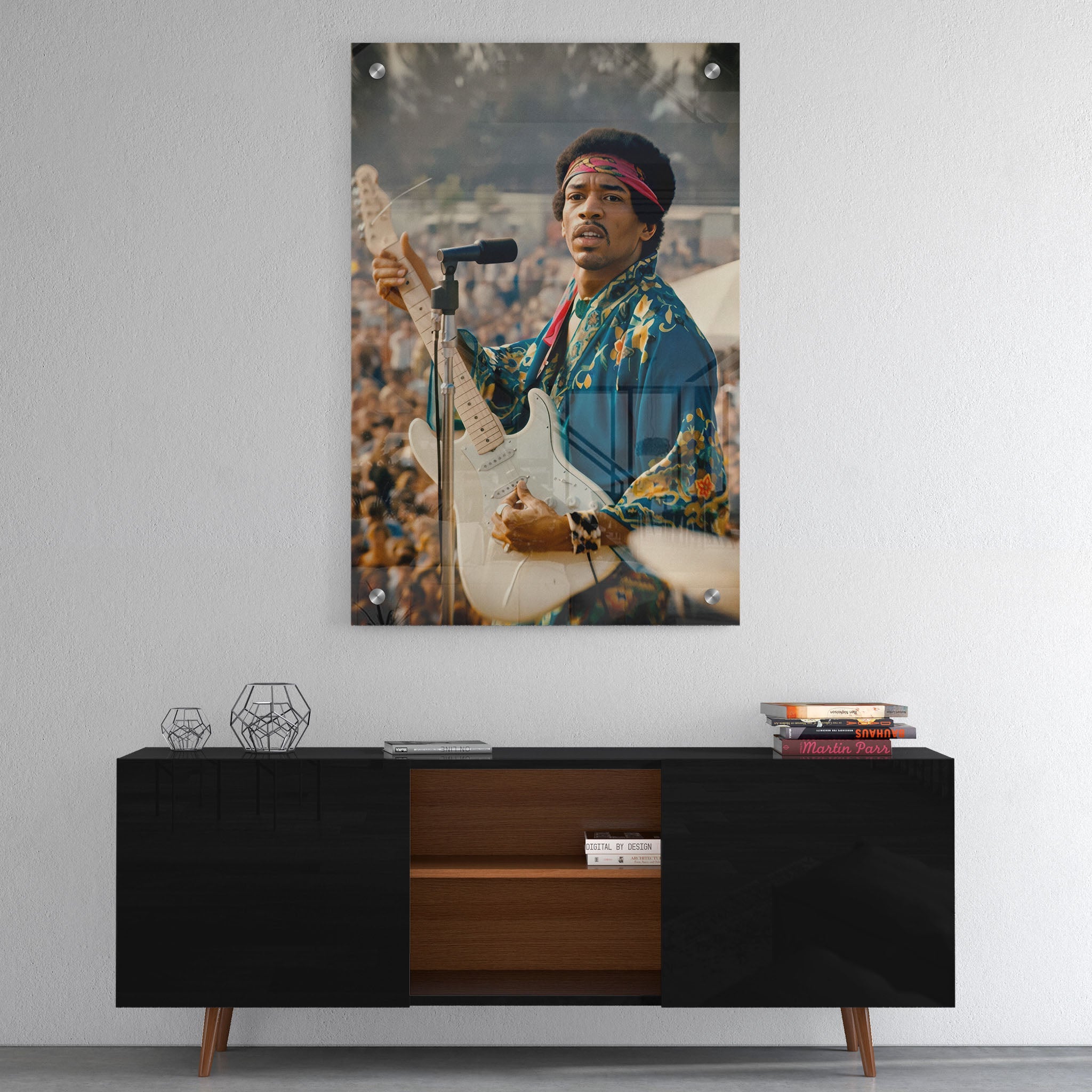 High-gloss acrylic colour print of Jimi Hendrix displayed on a wall