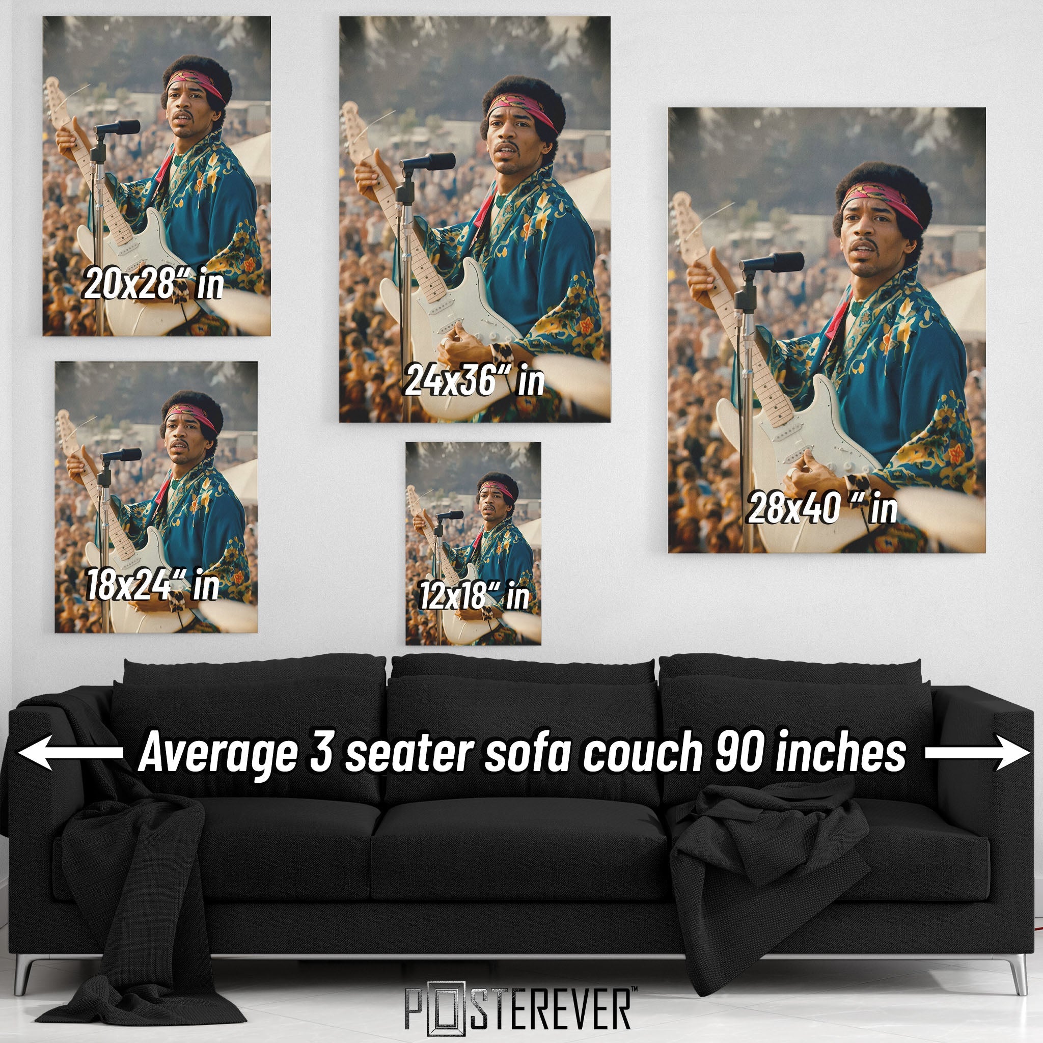 Jimi Hendrix wall art size comparison chart shown above a sofa