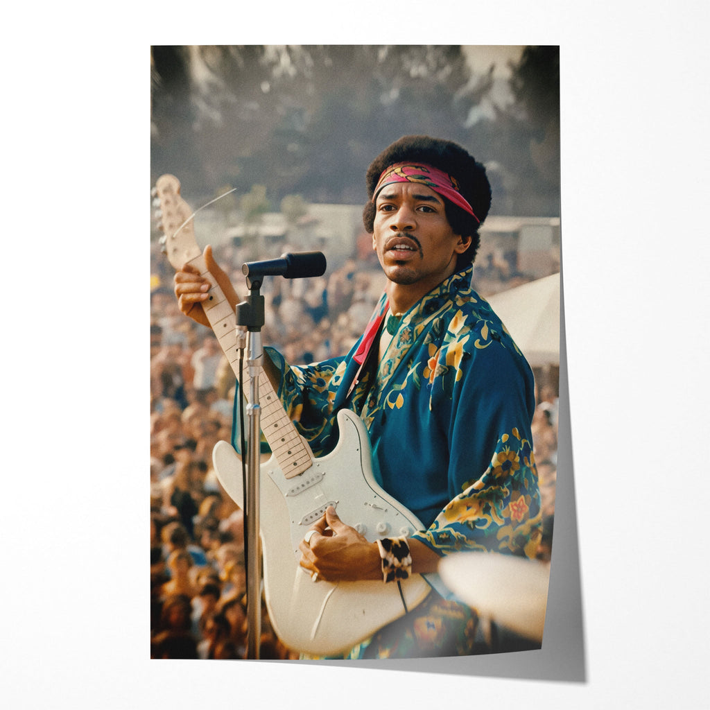 Unframed colour print of Jimi Hendrix in his blue kimono at the 1969 Newport Pop Festival