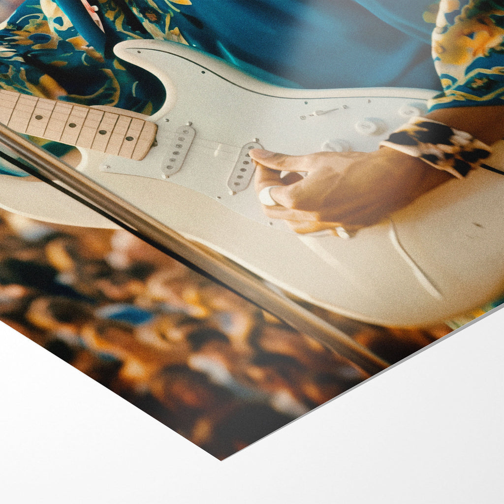 Front close-up of the unframed Jimi Hendrix 1969 Newport colour portrait poster